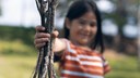 young girl holding a bundle of tree branches